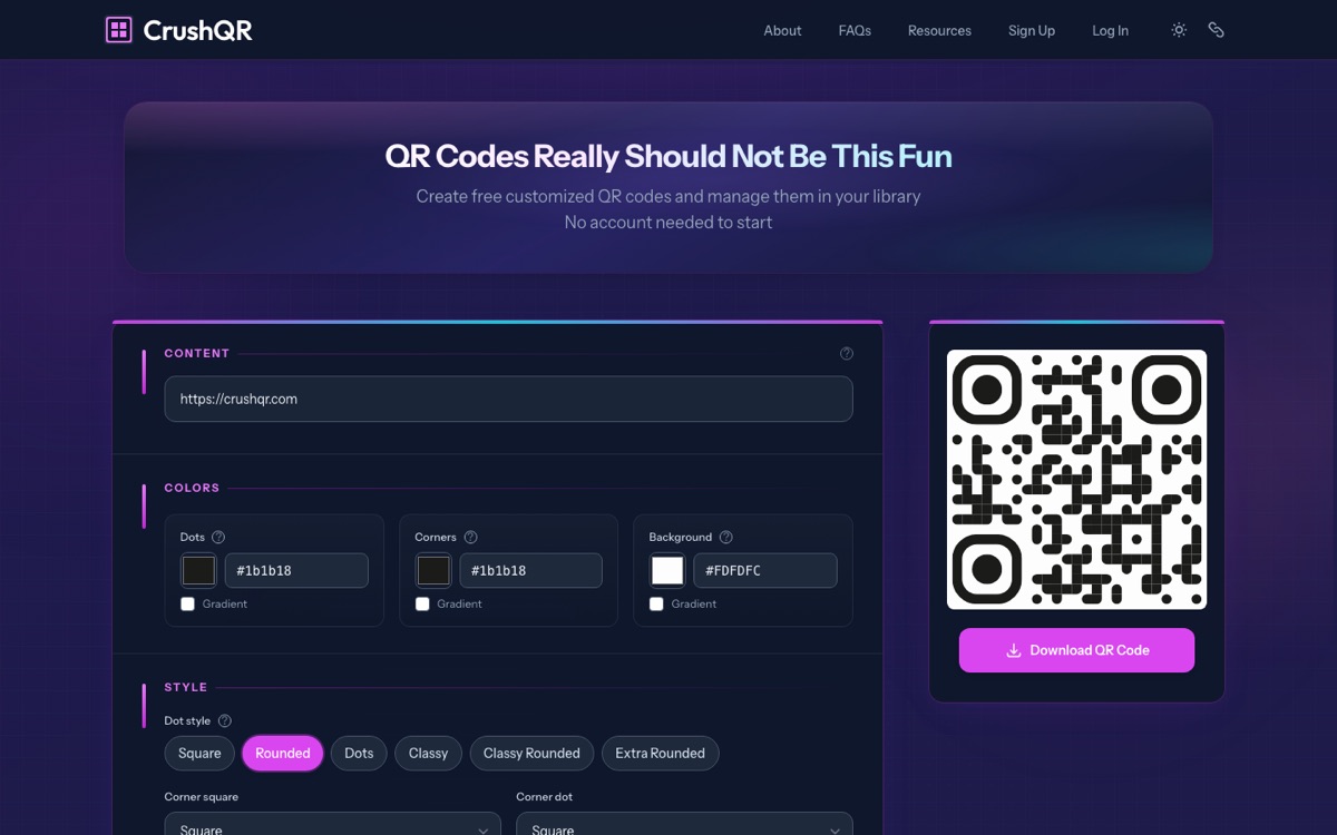 CrushQR homepage
